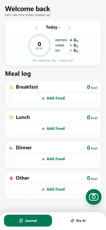 CaloSpark Journal showing daily meal entries and calorie totals